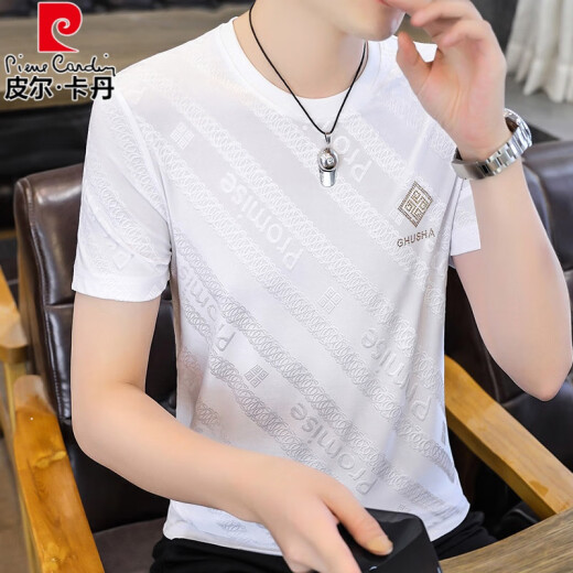 Pierre Cardin 2025 Summer NUEVA Seda de hielo para hombres Camiseta de manga corta Jacquard Camiseta de media manga más grasa de color grueso de secado rápido 699 Negro M 80-110Jin [Jin equivale a 0.5 kg]