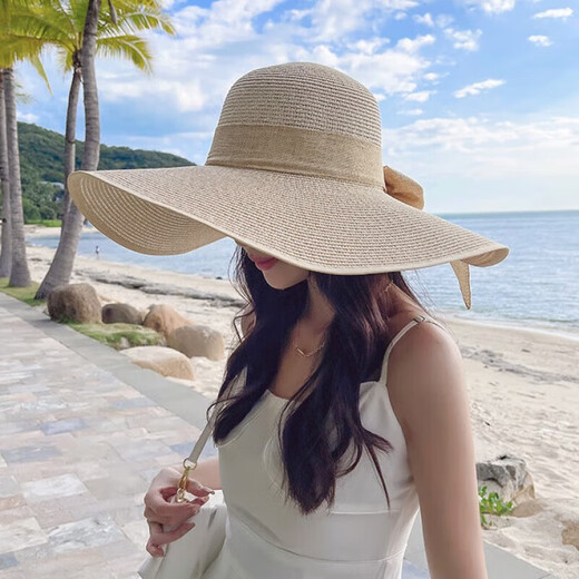 The bright moon returns to the beach straw hat for women in summer, seaside vacation, big hat brim, sun hat, big edge, spring and autumn outing fisherman's hat beige 16cm hat brim, all size