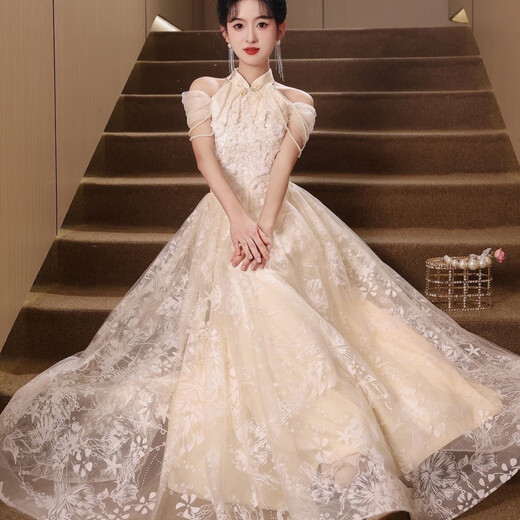 盛妙慈晚礼服订婚新款主持人宴会气质高端敬酒中式旗袍 香槟色 S