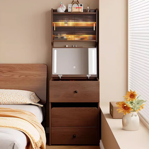 Stamen Solid Wood Dressing Table Bedroom Bedside Flip Integrated Dressing Table Storage Cabinet with USB Socket and Mirror High Cabinet High Cabinet Style - Walnut Color 70cm Dressing Table + Makeup Stool Upgraded Flip Makeup Mirror + USB Socket