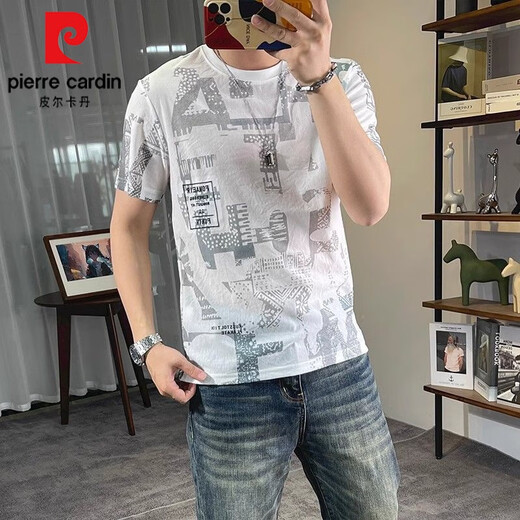 皮尔卡丹（pierre cardin）男士冰丝短袖T恤2025夏季薄款圆领个性印花半袖上衣修身百搭体恤 1203黑色 3XL