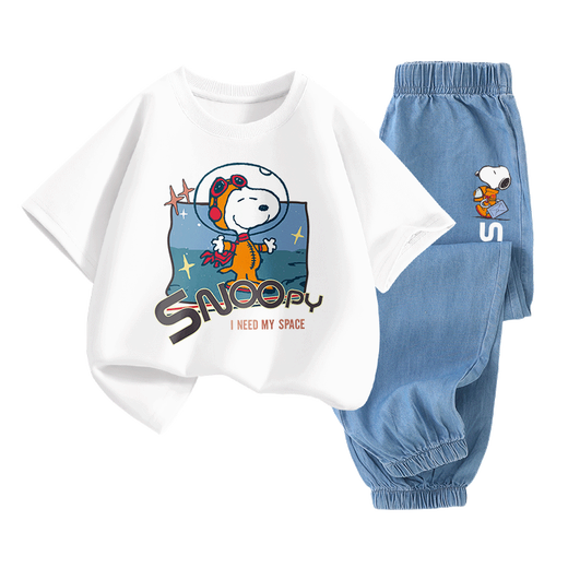 史努比（SNOOPY）男女童短袖t恤牛仔裤两件套儿童短袖套装  白色宇航+深蓝太空 110