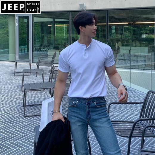 JEEP SPIRIT美式复古重磅短袖t恤男polo衫成熟稳重健身性张力穿搭硬汉亨利衫 绿色 2XL