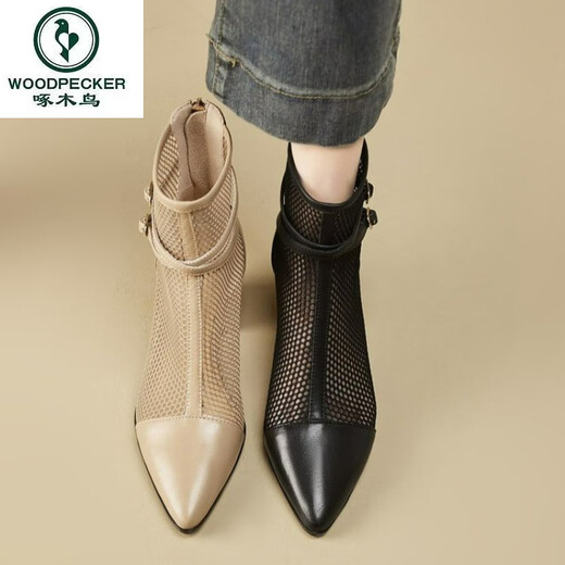 Woodpecker leather hollowed-out boots for women breathable mesh spring and autumn short boots high heel thick heels with skirt pointed toe summer temperament mesh boots for women black 37 standard size