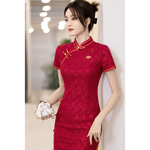Examen de ingreso de Gioio College Cheongsam 2025 Nuevo producto Temperamento de encaje rojo de verano Madre de gama alta con banderas y gana el examen de ingreso de la escuela secundaria 683 [Persimmons permitidos] XL
