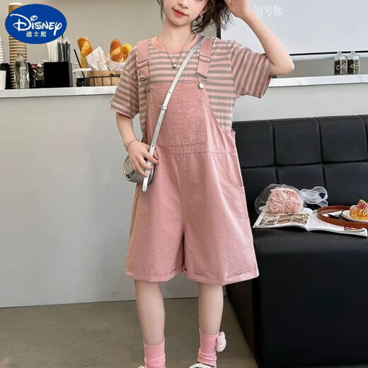迪士尼（Disney）女童套装夏款2025新款儿童夏季潮酷穿搭女孩大童夏装背带裤两件套 粉红色【短袖+背带裤】 120 码 【35-45斤内】