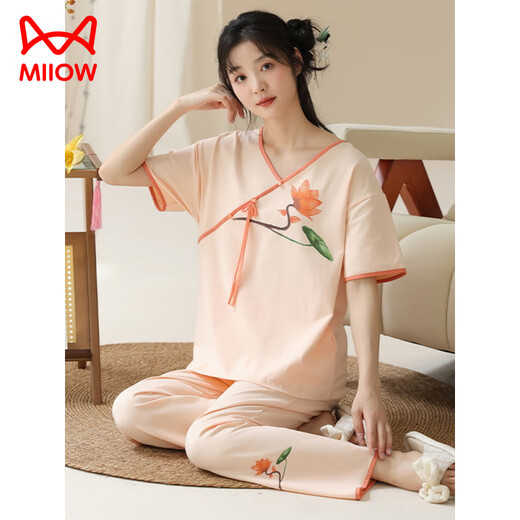 
Catman (MiiOW) summer women's short-sleeved pajamas set new Chinese style thin cotton home clothes and trousers can be worn outside for casual wear in summer LZY9905 XL (recommended 115-130Jin [Jin equals 0.5 kg])