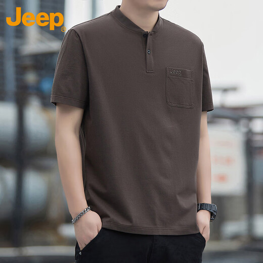 吉普（JEEP）短袖T恤男士莫代尔桑蚕丝凉感夏季休闲亨利领高端衣服男装 咖啡XL