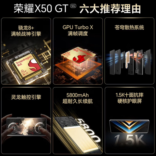 Honor X50 GT new 5G mobile phone, Snapdragon 8+ chip, full-frame Ares, 5800mAh battery, 1.5K eye protection screen, Magic Night Black, 12GB+256GB, stand-alone, third-party brand fast charging, 1-year store warranty