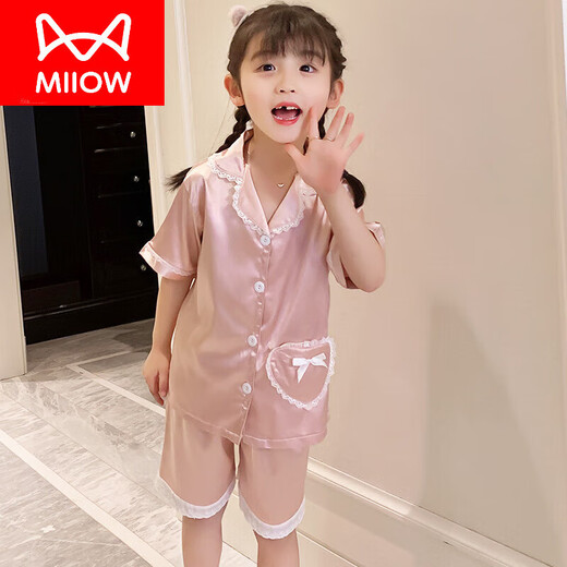 猫人（MiiOW）儿童睡衣女童夏季薄款冰蚕丝短袖中大童女孩宝宝亲子家居服套 1047小熊 短.袖短.裤 M 14码 123-133C 50斤左右