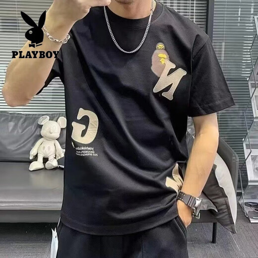 Playboy (PLAYBOY) short-sleeved t-shirt for men 2025 summer new cotton letter print men's casual tops youth men's clothing trend black 1416 S 80-95Jin Jin equals 0.5 kg