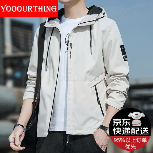 YOOOURTHING Men's Casual Jacket Youth Fashion Casual Hooded Jacket Men's Urban Light Outdoor Spring Autumn Winter Velvet Jacket Men