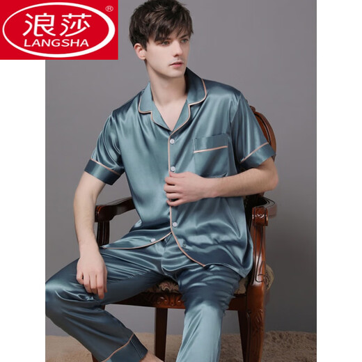 浪莎（LangSha）真丝睡衣男士夏季薄款冰·丝短袖长裤两件套装高级感桑蚕丝家居服 黑色6223 3XL (180-210斤)