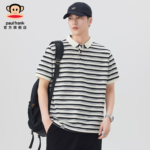 大嘴猴（paul frank）美式潮牌条纹翻领短袖POLO衫男夏季薄款宽松休闲百搭男装打底体恤 黑蓝色693D【官方正品】 L 【建议120-135斤】