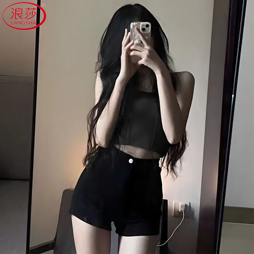 Langsha black denim shorts for women summer 2025 new high waist slim ins hot girl style outer wear elastic hot pants