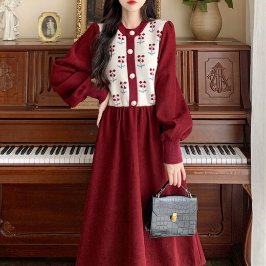 Fhhuabd Otoño e invierno Nuevo vestido rojo de pana de punto de punto con un vestido de cintura mm ligeramente gordoso de gran tamaño y un suéter espesado Vestido negro #6198 10xl M Recomendado 80-100Jin [Jin iguala 0.5 kg]