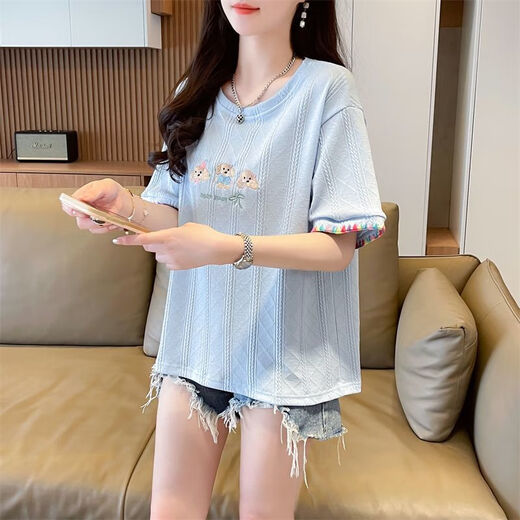 AEMAPE夏装女装刺绣白色短袖T恤女2025新款夏季小个子上衣夏天衣服 KM9277绿色 XL 建议125-140斤
