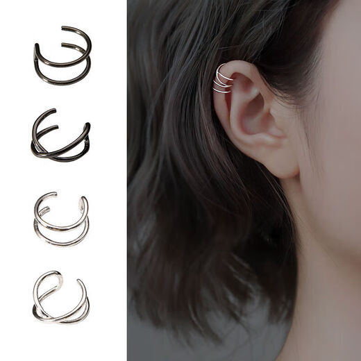 Double-layer earrings for women without pierced ears, elegant lines, cross ear clips, fashionable and simple autumn and winter earrings, silver