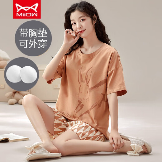 猫人（MiiOW）女士短袖睡衣套装夏季自带胸垫一体大码薄款纯棉夏天家居服可外穿 GXT1047 M （建议75-95斤）