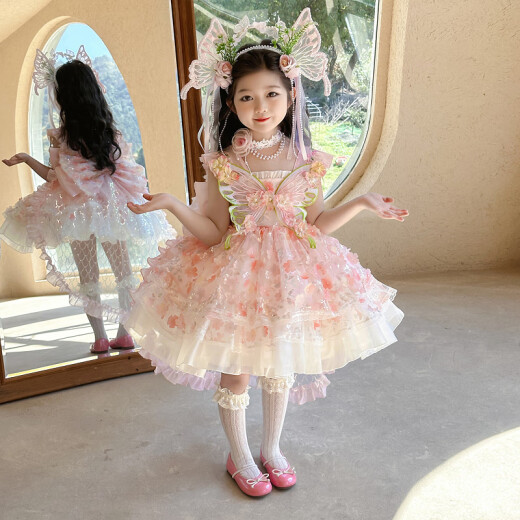 Vestido de princesa de la niña hormiga Lolita 2025 NUEVO SUMER CHILLE's Fair Fair Dress Vestido de cumpleaños para niñas Rosa (6630 Flower Fairy Vestido + Soporte de falda) 140 Recomendado 7-8 años (aproximadamente 135 altura)