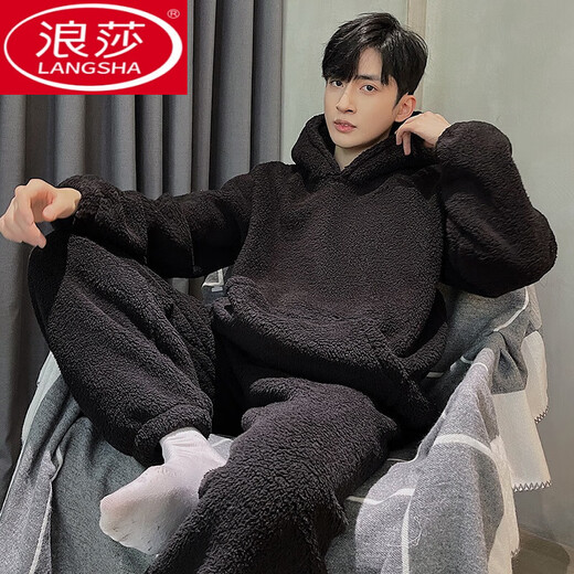 浪莎（LangSha）珊瑚绒男士睡衣加绒加厚冬季款保暖青年家居服新款法兰绒男生套装 6227 纯色连帽 L