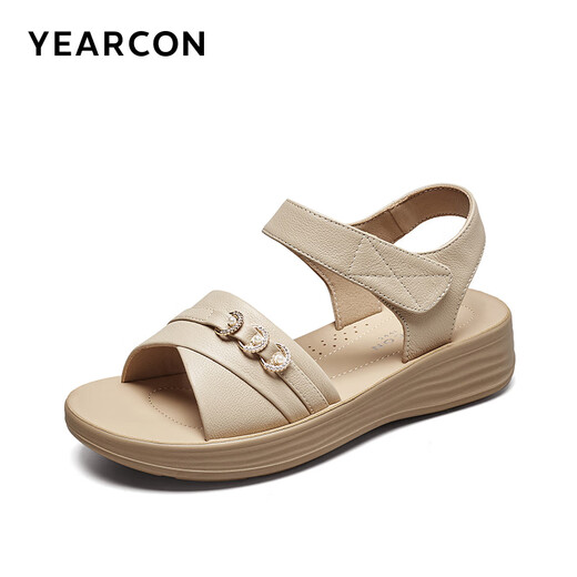 Yierkan Leather Shoes Women's Soft Sole Wedge Flat Shoes Middle-aged Mom Velcro Leather Sandals 11001W Apricot 38