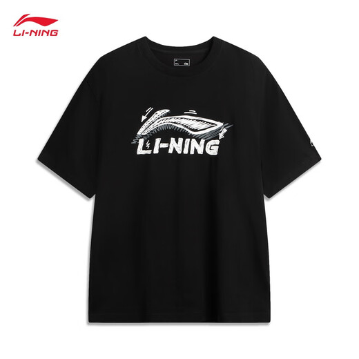 Li Ning quick-drying T-shirt丨Anti-bacterial cool round neck short-sleeved T-shirt men's summer outdoor printed casual loose sports top [pattern LOGO high elastic anti-wrinkle] Black 829-2 S