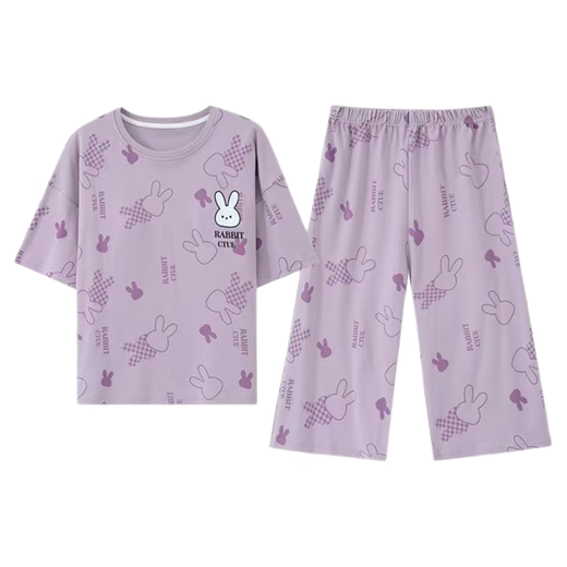 浪莎（LangSha）带胸垫一体系睡衣女士夏季短袖七分裤纯棉免穿文胸家居服外出套装 带胸垫684紫短袖七分裤 3XL 130-150斤左右