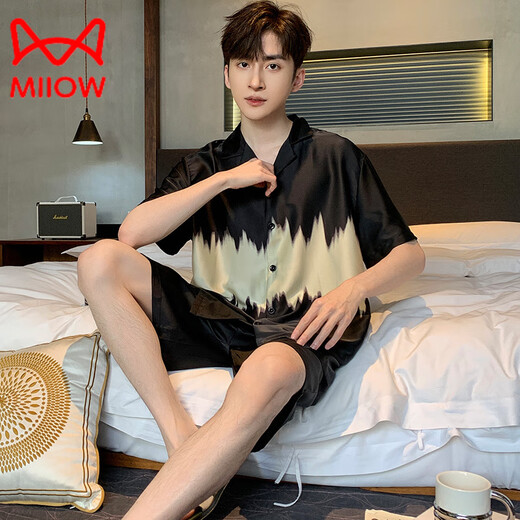Catman (Miiow) Light Luxury New Men's Pajamas Summer Sensing Sensing Santing Silk Summer Youth Ropa para la ropa del hogar G854 L (altura aproximadamente 170, peso -130 Jin [Jin iguala 0.5 kg])