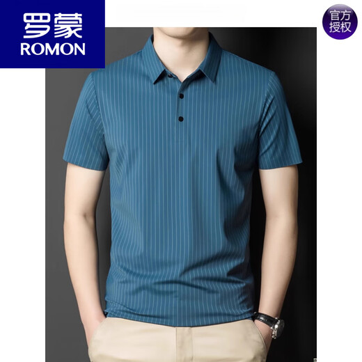 罗蒙（ROMON）夏季翻领无痕短袖T恤男士竖条纹休闲polo衫男装潮流薄款冰丝半袖 灰色 6996 M 170