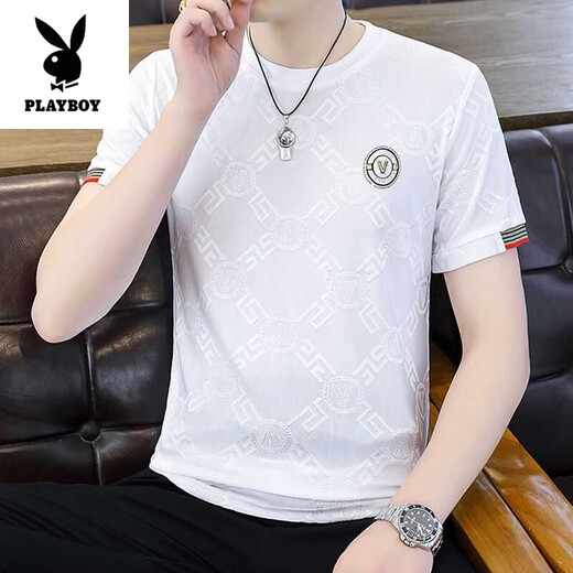 Playboy (PLAYBOY) high-end mulberry silk short-sleeved T-shirt men's 2025 summer thin silk t-shirt quick-dry half-sleeved men's top 867 black M [90-105Jin[Jin equals 0.5 kg]]