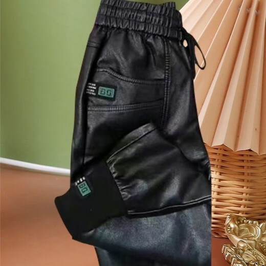 Moon-sleeved men's leather pants, men's harem pants for small men, thickened velvet, high waist, waterproof elastic waist, cold-proof and warm leather trousers, Magee# thickened velvet - black 4XL recommended 160-180Jin [Jin equals 0.5kg]