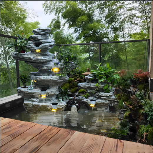 Открытый сад, двор, пруд с рыбой, каменистый камень, проточная вода, пейзаж, фонтан, украшения, балкон, верхний этаж, украшение пруда с черепахами, 5009, большая и маленькая горная комбинация, высота 128