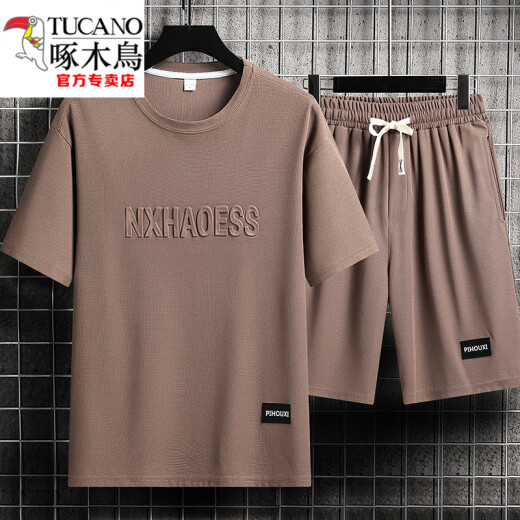 Woodpecker (TUCANO) casual sports suit men's summer trendy ice silk T-shirt thin shorts large size short sleeves handsome paired with two-piece set set-TZ829 khaki [top + pants] M Recommended 90-110Jin [Jin equals 0.5 kg]