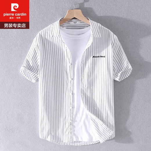 皮尔卡丹（PIERRE CARDIN）男士条纹衬衫短袖宽松夏季薄款日系休闲百搭纯棉衬衣夏装衣服 9740黑色 M 斤左右
