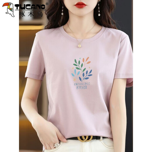 Woodpecker cotton short-sleeved T-shirt women's 2025 summer new loose printed T-shirt summer top 6196 white short-sleeved M (recommended 80-105Jin [Jin equals 0.5 kg])