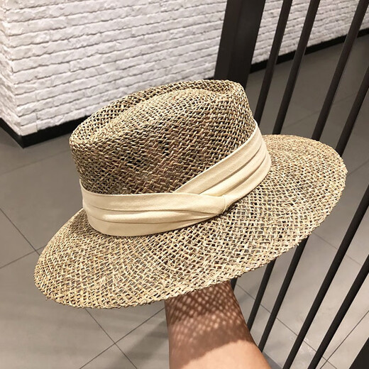 
Korean ins straw-woven internet celebrity flat top hat women European and American style British fashion travel vacation hollow sun hat brown 56-58cm adjustable