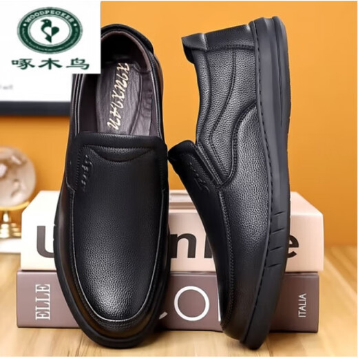 Woodpecker [Top Layer Cowhide] Chaussures en cuir décontractées pour hommes Business en cuir authentique Maux de papa d'âge moyen et âgés pour chaussures de travail Soft Sole sans glissement L6628 Black 39