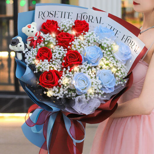 Huawang Flower Express Flower Gift Broken Ice Blue Rose Confession to My Girlfriend’s Birthday Gift Lesbian City Delivery On Day [Sun and Moon Accompaniment] 5 Broken Ice Blue + 6 Roses dy684