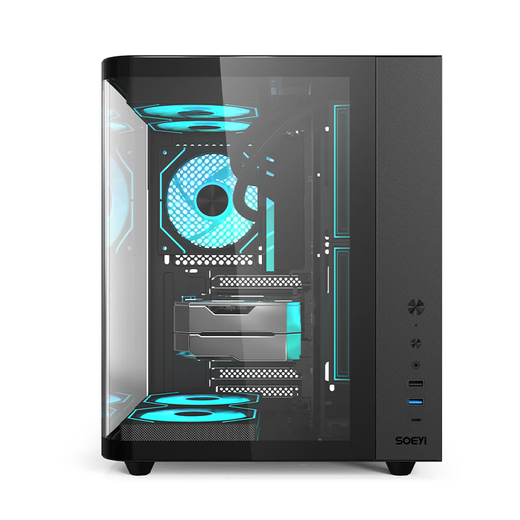 Shuoyi Kunpeng CH2+ CH3+ desktop computer ATX main case white side transparent curved glass sea view room small size chassis case game e-sports 240 water cooling curved glass Kunpeng CH2+ black