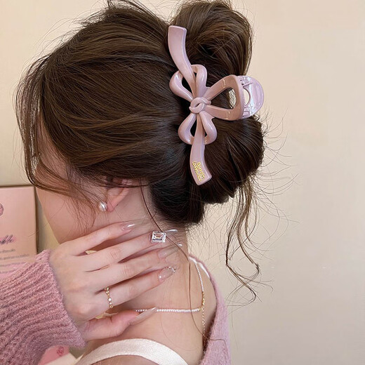 Bai Shilin Bow Clip Headwear Women's High-End Large Hair Volume Shark Clip 2025 New Summer Hair Clip for the Back of the Head Leather Pink