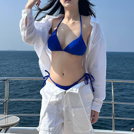 
Nine-inch sunny bikini swimsuit female Klein blue sexy hot girl straps high-end look white on the seaside vacation hot spring hot girl summer Klein blue (brace + underwear) M