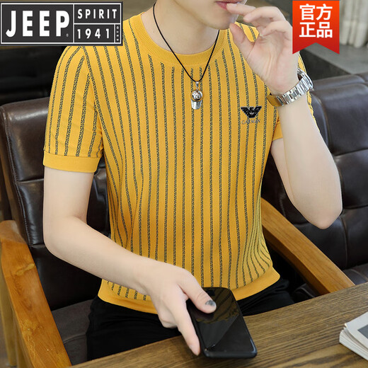 JEEP高档条纹短袖t恤夏季高端潮牌休闲半袖T恤冰丝透气欧货男装上衣男 B黑色6623 1-6-58 M