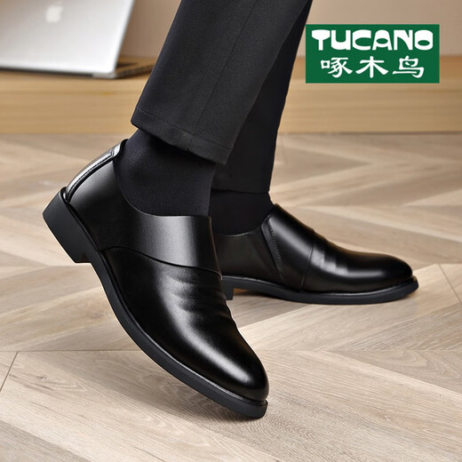 Holzspecker Herrenschuhe 2025 Frühlings- und Herbst-echtes Lederspitze Britisch-Business Formal Lederschuhe Herrenhöhe-verstärkt Hochzeitsbräutigam Schwarzer Plüschstil 6189-2 44
