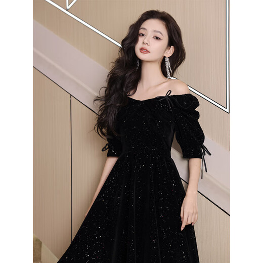 Densentu piano dress for female art exam high school students black dinner party temperament high-end light luxury niche French adult ceremony host black 1 strap L