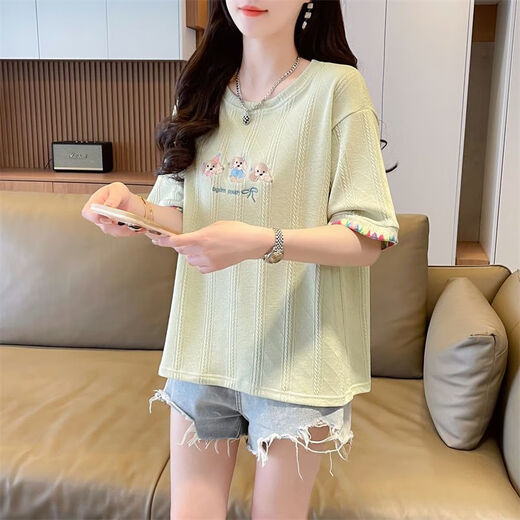 AEMAPE夏装女装刺绣白色短袖T恤女2025新款夏季小个子上衣夏天衣服 KM9277-蓝色 L 建议110-125斤