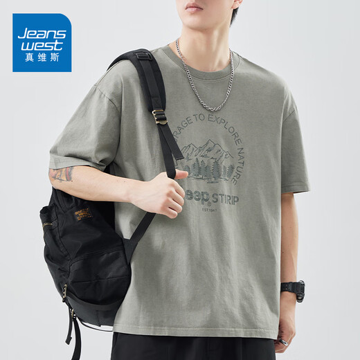 真维斯（Jeanswest）美式潮流短袖T恤男夏季新款印花宽松圆领半袖休闲体恤男装上衣服 黑色5008D XL 【建议130-150斤】