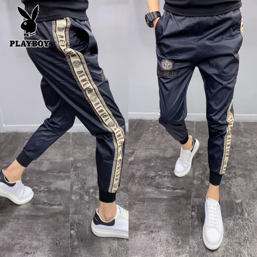 花花公子（PLAYBOY）2025新款哈伦裤男士春秋季九分休闲速干卫裤潮牌修身束脚裤 黑色二杠 33