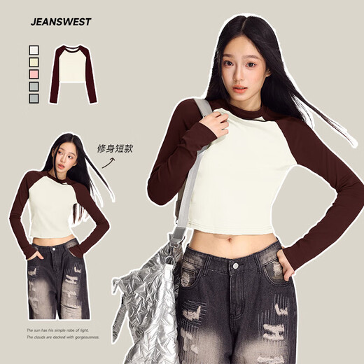 Jewish women's clothing 2025 spring new short waist slim round neck contrasting color splicing long sleeve T-shirt G2 black pink 835A single size 160/84A