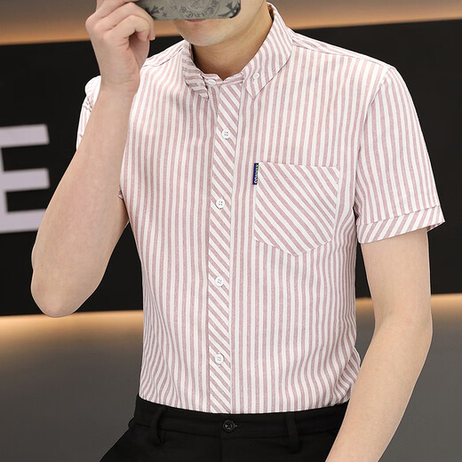 九牧王（JOEONE）男士短袖衬衫夏季韩版潮流帅气口袋衬衣条纹薄款半袖商务休 HS889杏色 L 109-125斤